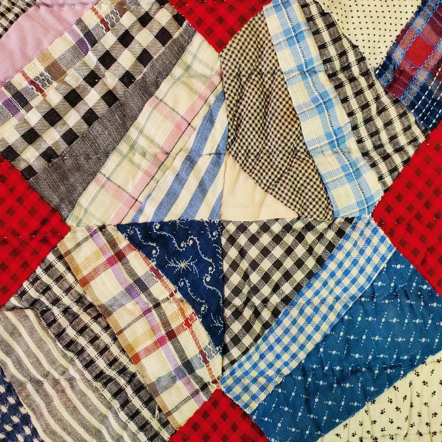 Hand Pieced, Early 20th Century String Quilt in Red, White & Blue With Red Gingham