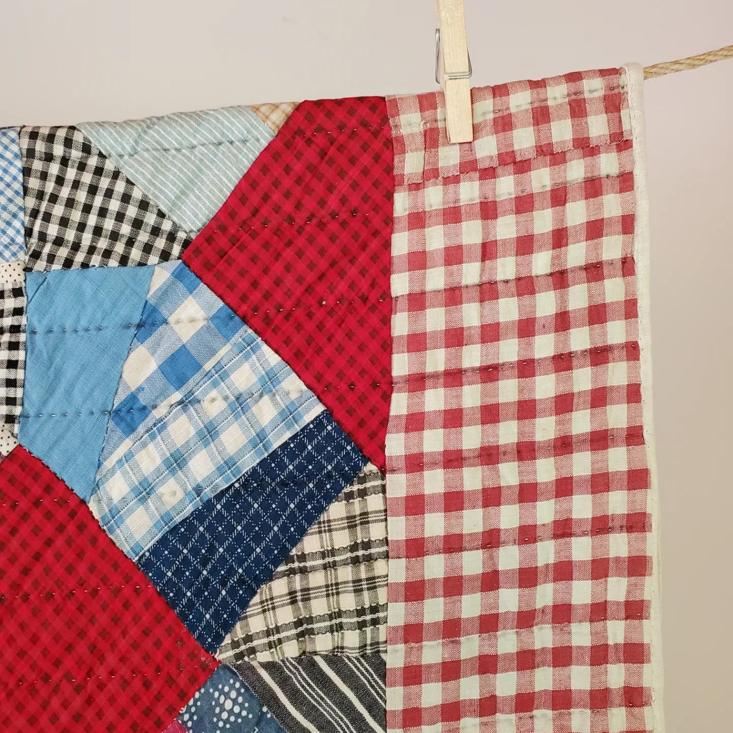 Hand Pieced, Early 20th Century String Quilt in Red, White & Blue With Red Gingham