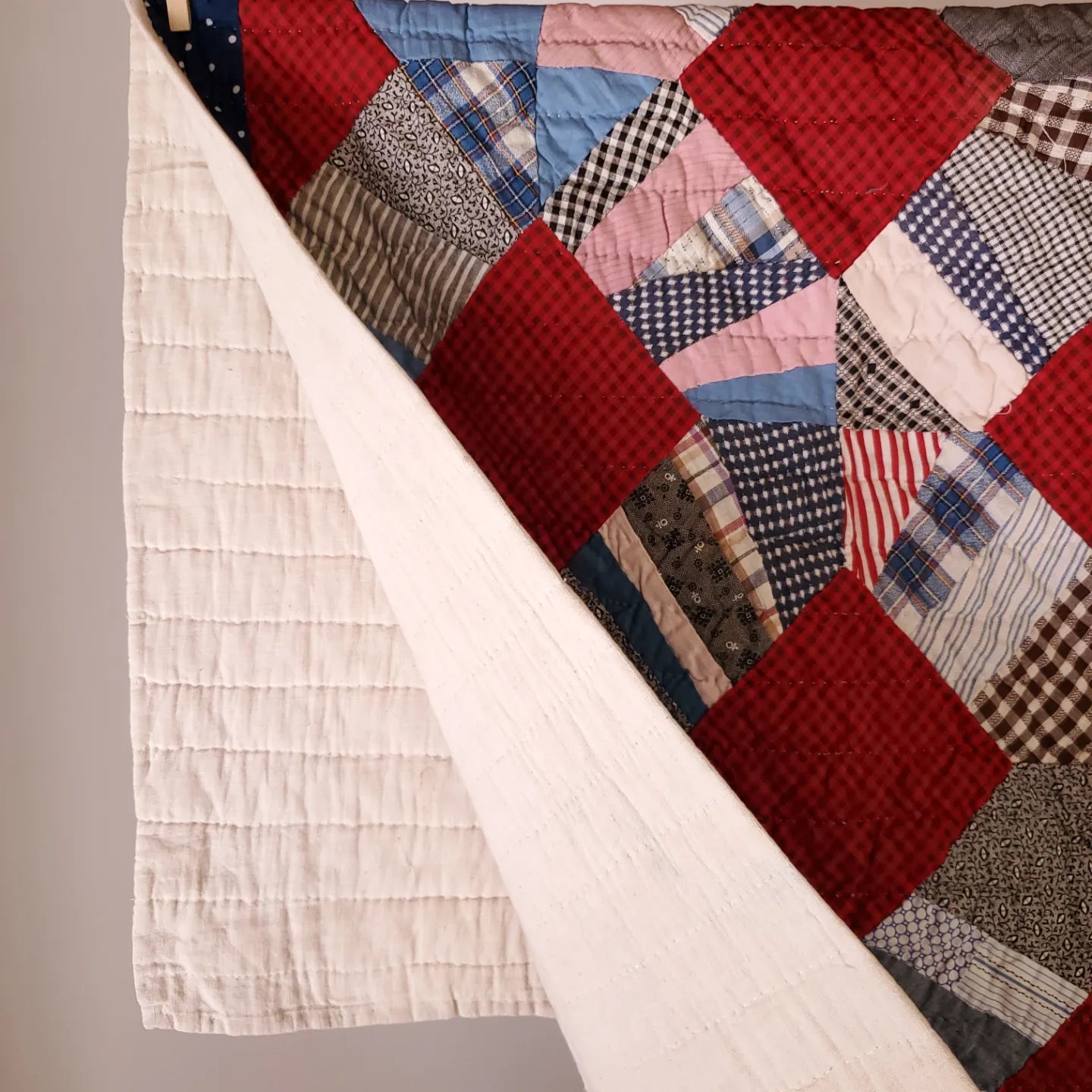 Hand Pieced, Early 20th Century String Quilt in Red, White & Blue With Red Gingham