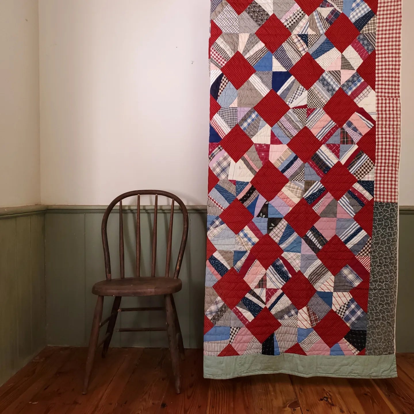 Hand Pieced, Early 20th Century String Quilt in Red, White & Blue With Red Gingham