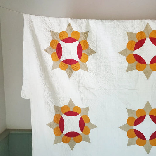 Turkey Red & Cheddar Ceaser's Crown Antique Quilt