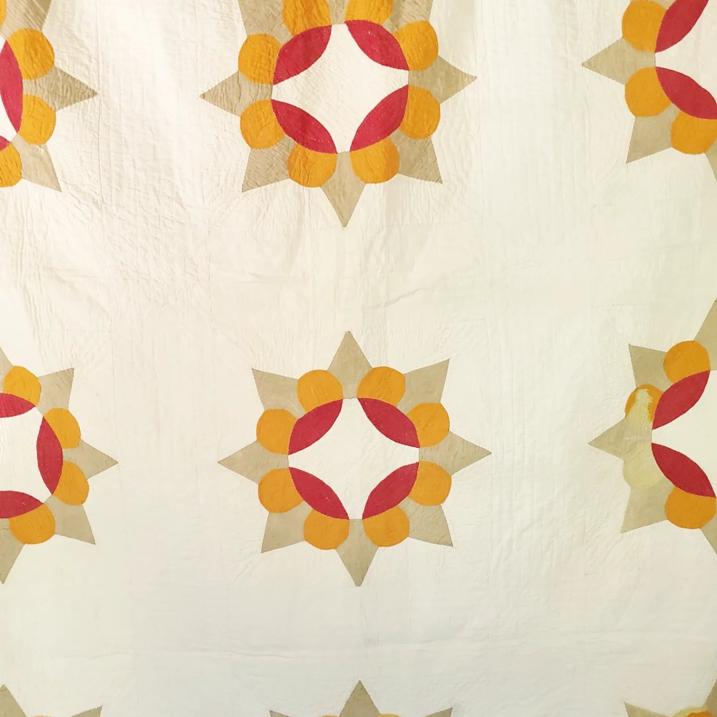 Turkey Red & Cheddar Ceaser's Crown Antique Quilt