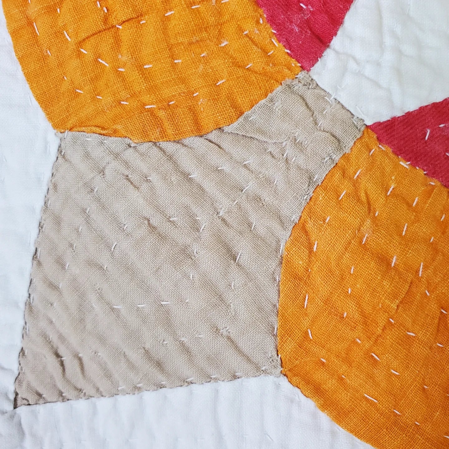 Turkey Red & Cheddar Ceaser's Crown Antique Quilt