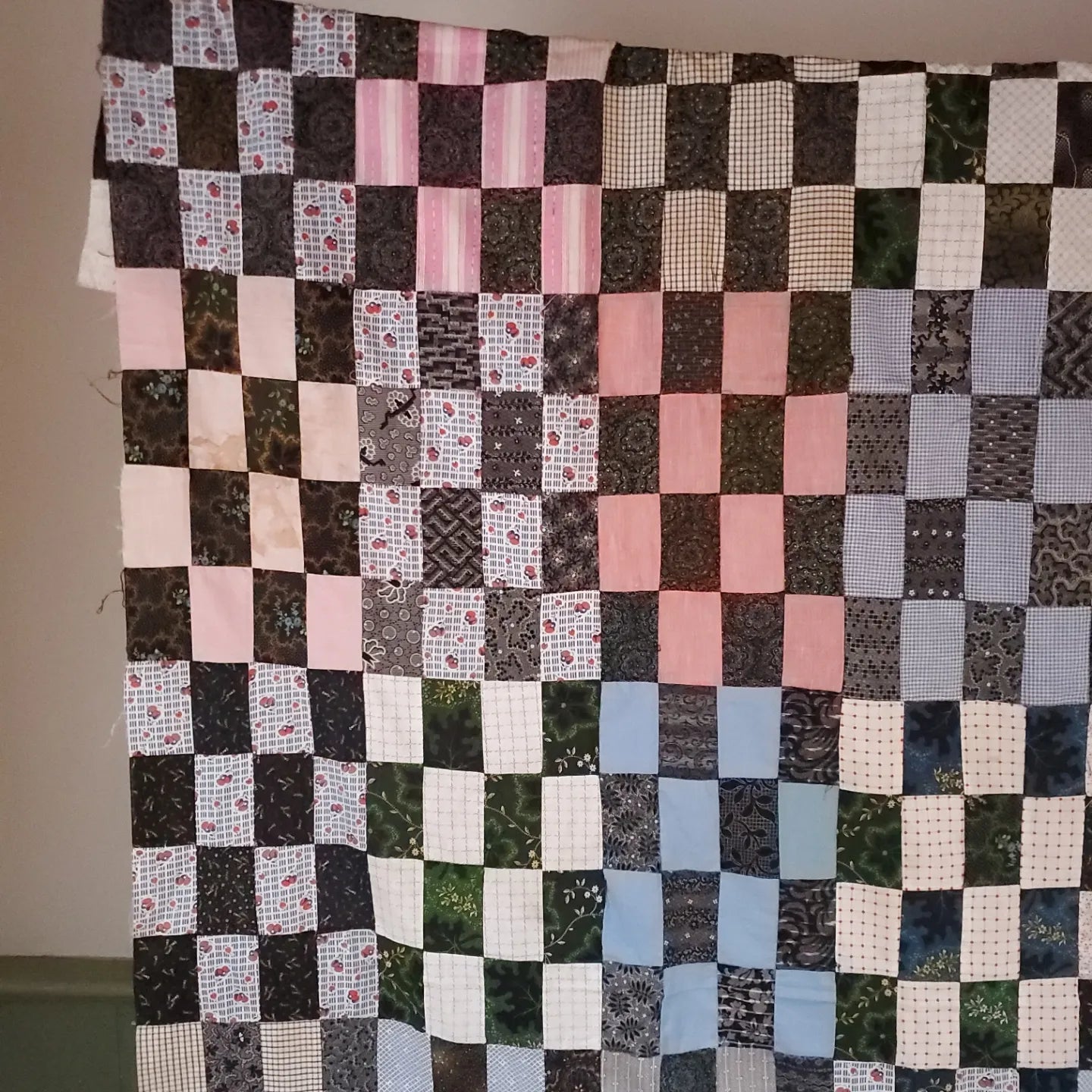 Unfinished Hand Pieced Salesman Samples Quilt Top In Late 19th Century Neons