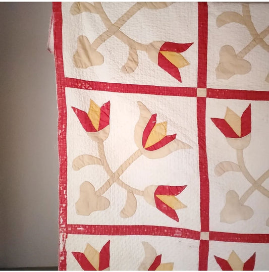 Hand Stitched Turkey Red Antique Tulip Quilt