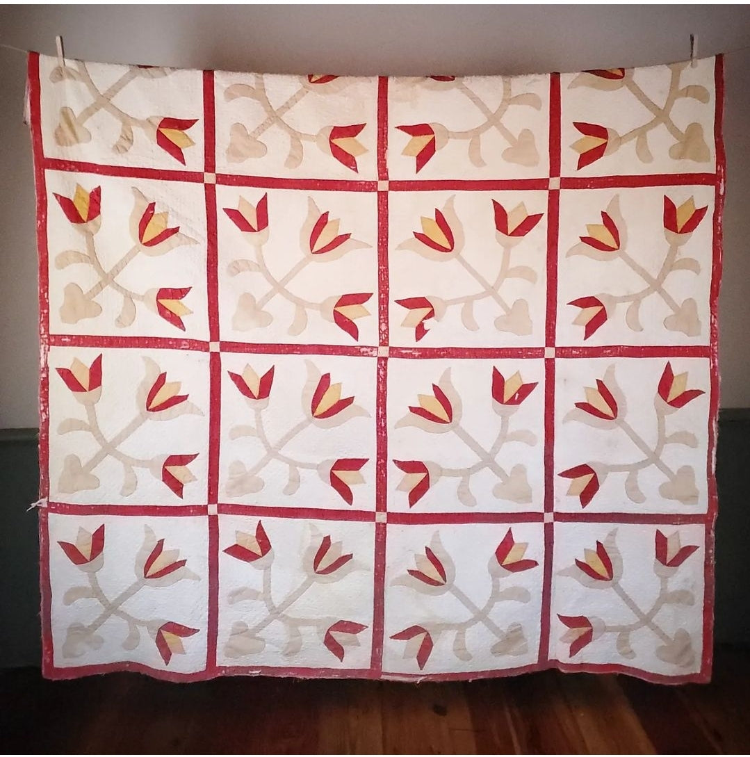 Hand Stitched Turkey Red Antique Tulip Quilt