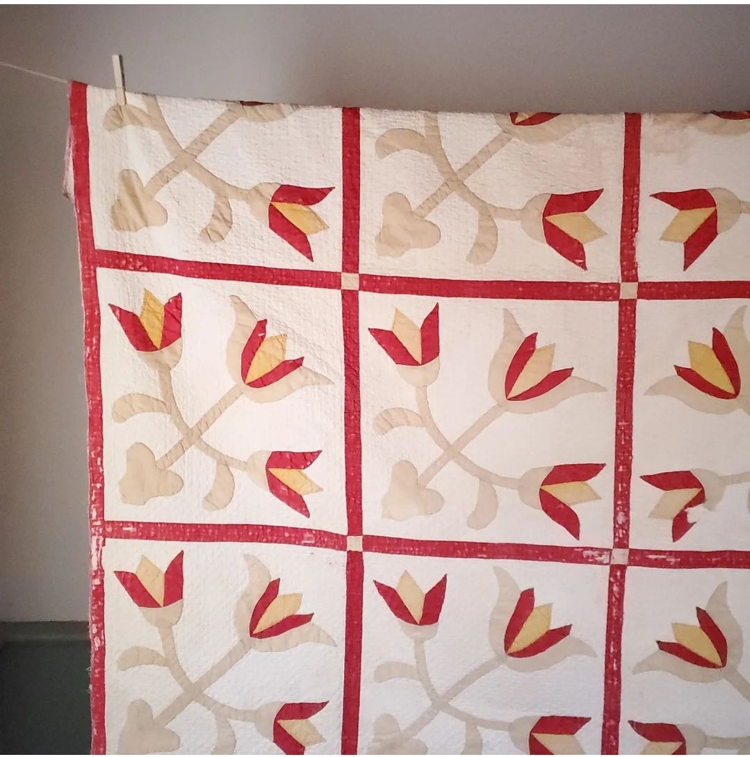 Hand Stitched Turkey Red Antique Tulip Quilt