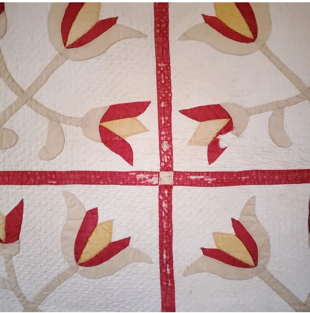 Hand Stitched Turkey Red Antique Tulip Quilt