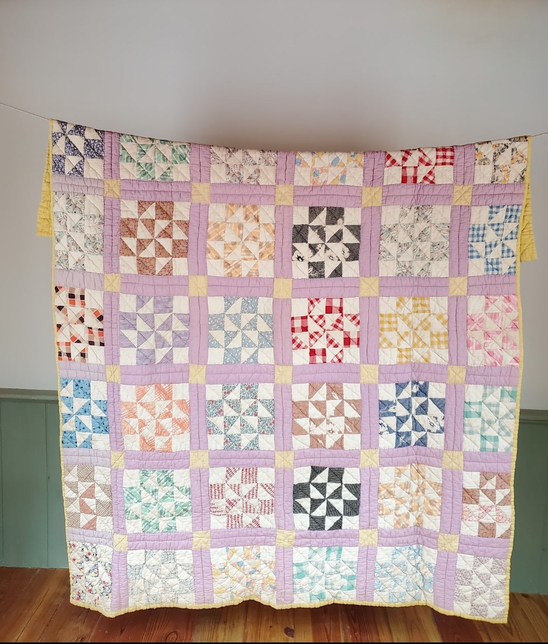 Vintage Purple Sashed Feed Sack Pinwheel Quilt, ca 1950