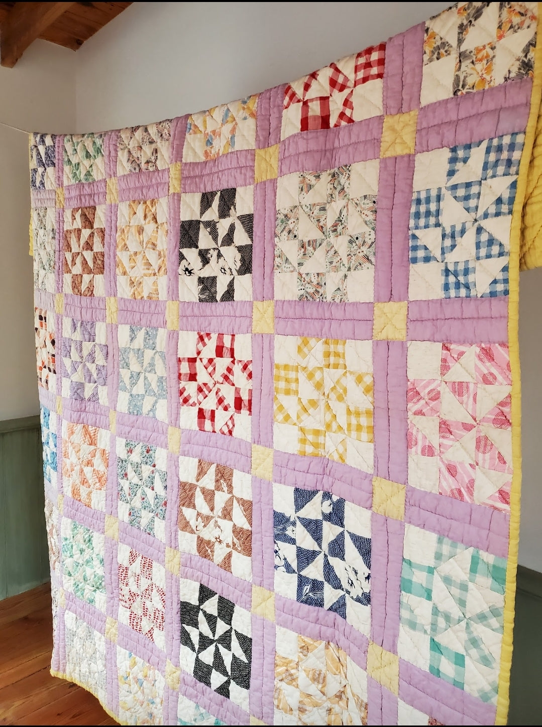 Vintage Purple Sashed Feed Sack Pinwheel Quilt, ca 1950