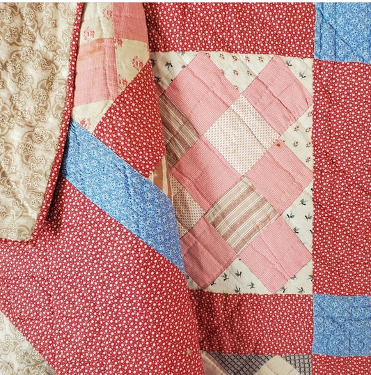 Pink & Blue Calico Antique Quilt