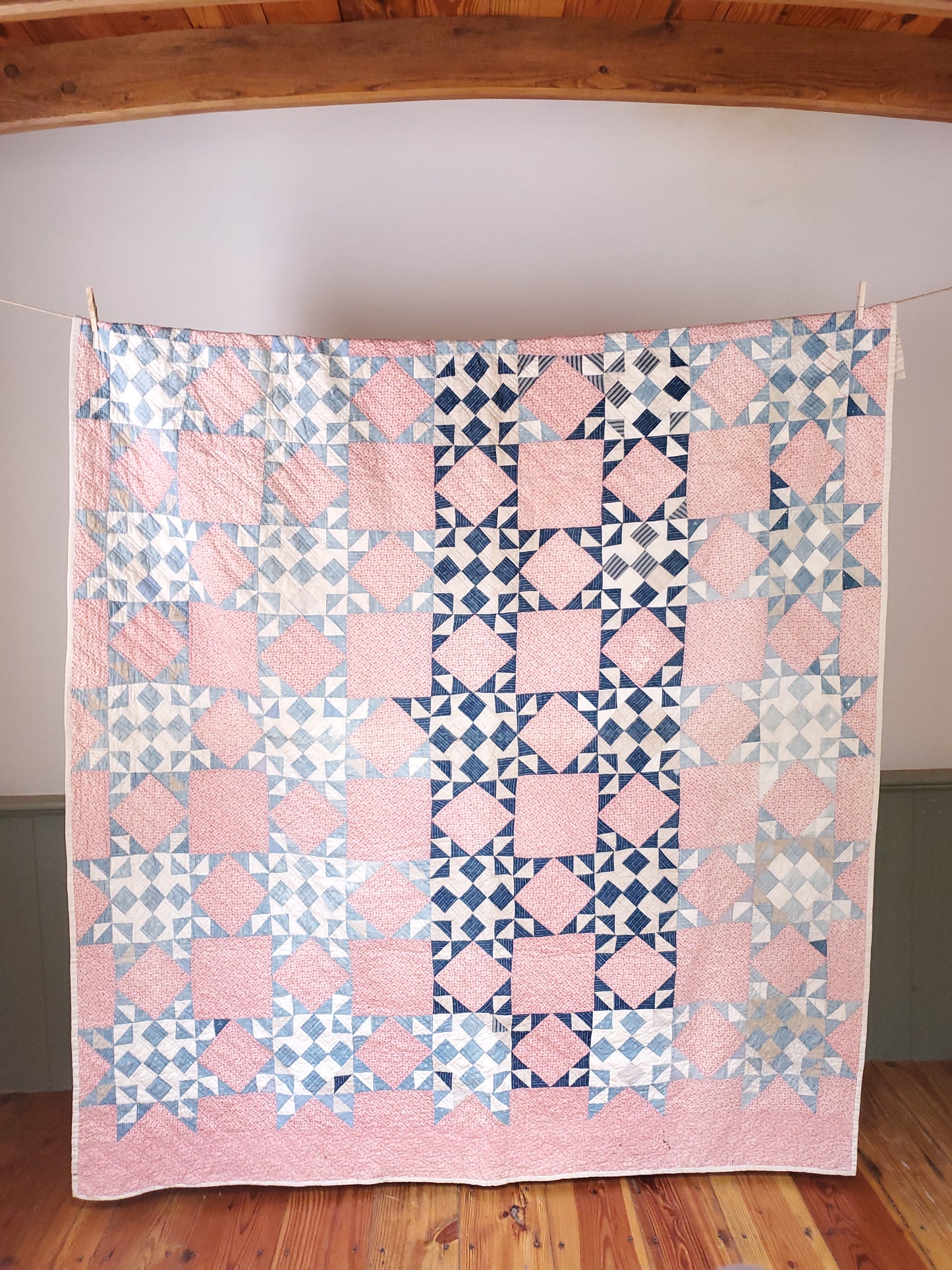 Antique Double Pink & Blues Quilt, ca 1900