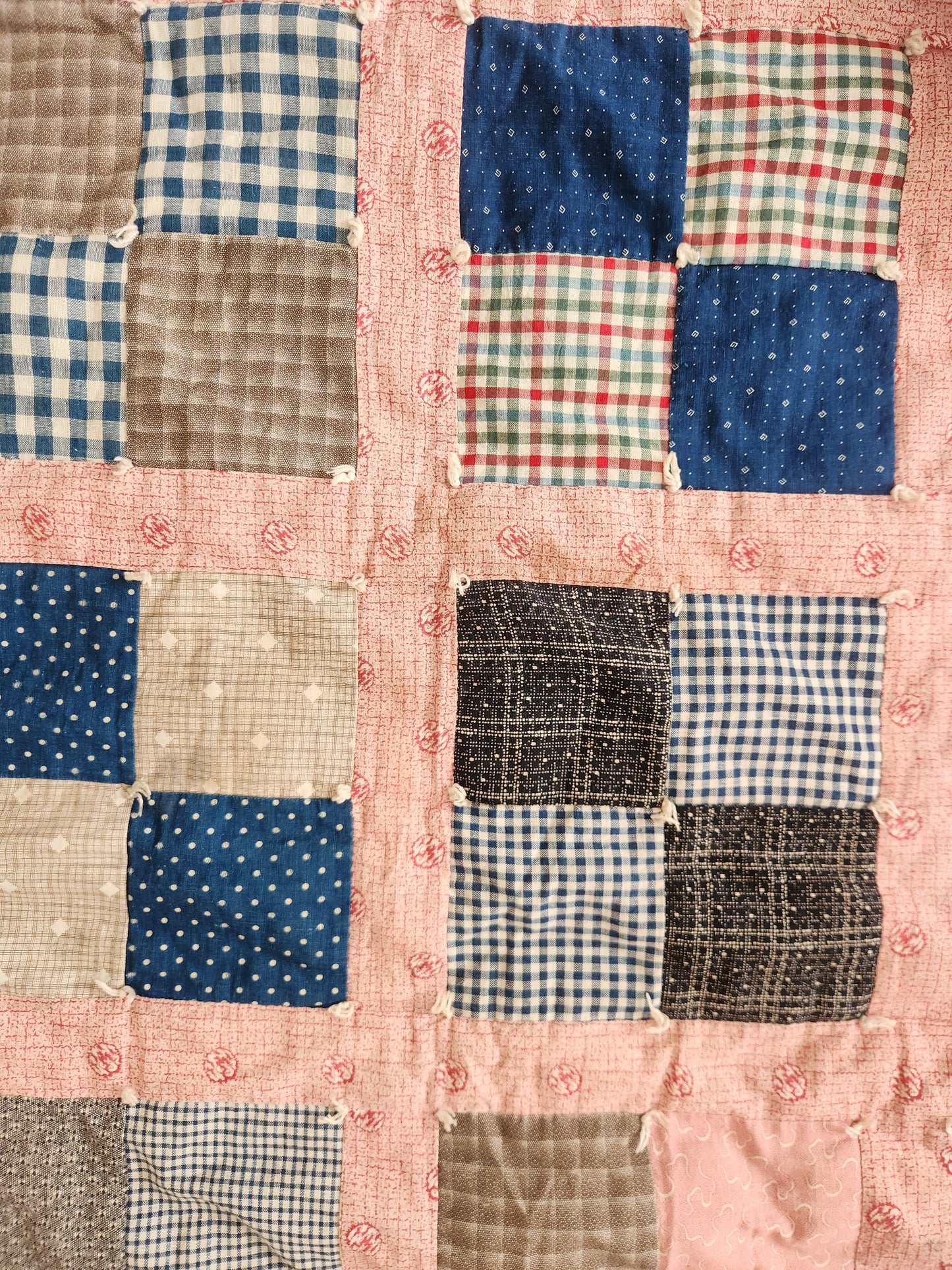 Vintage Four Patch Hand Tied Comforter Quilt c1930
