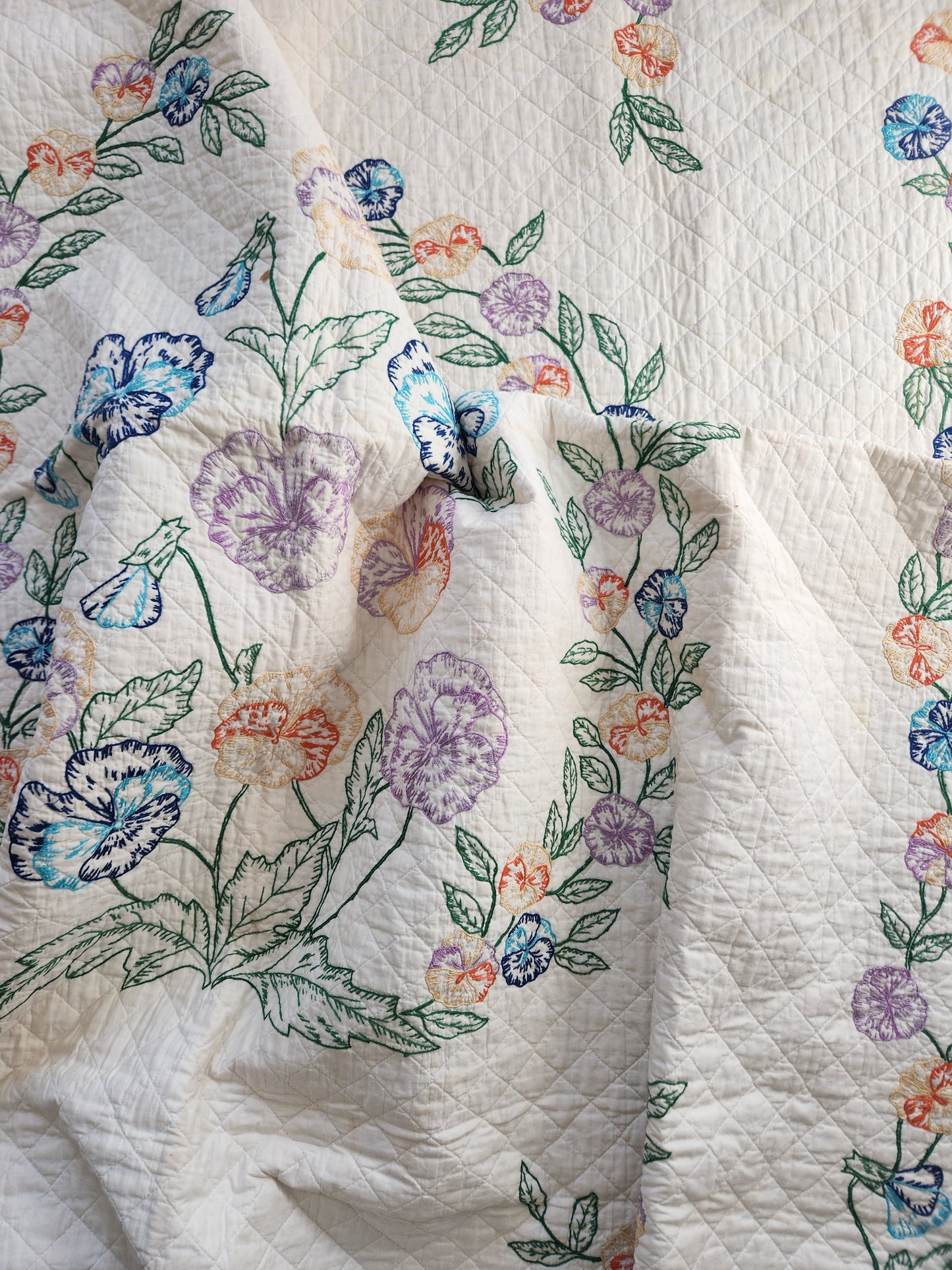 Vintage Pansy Embroidered Quilt c1940