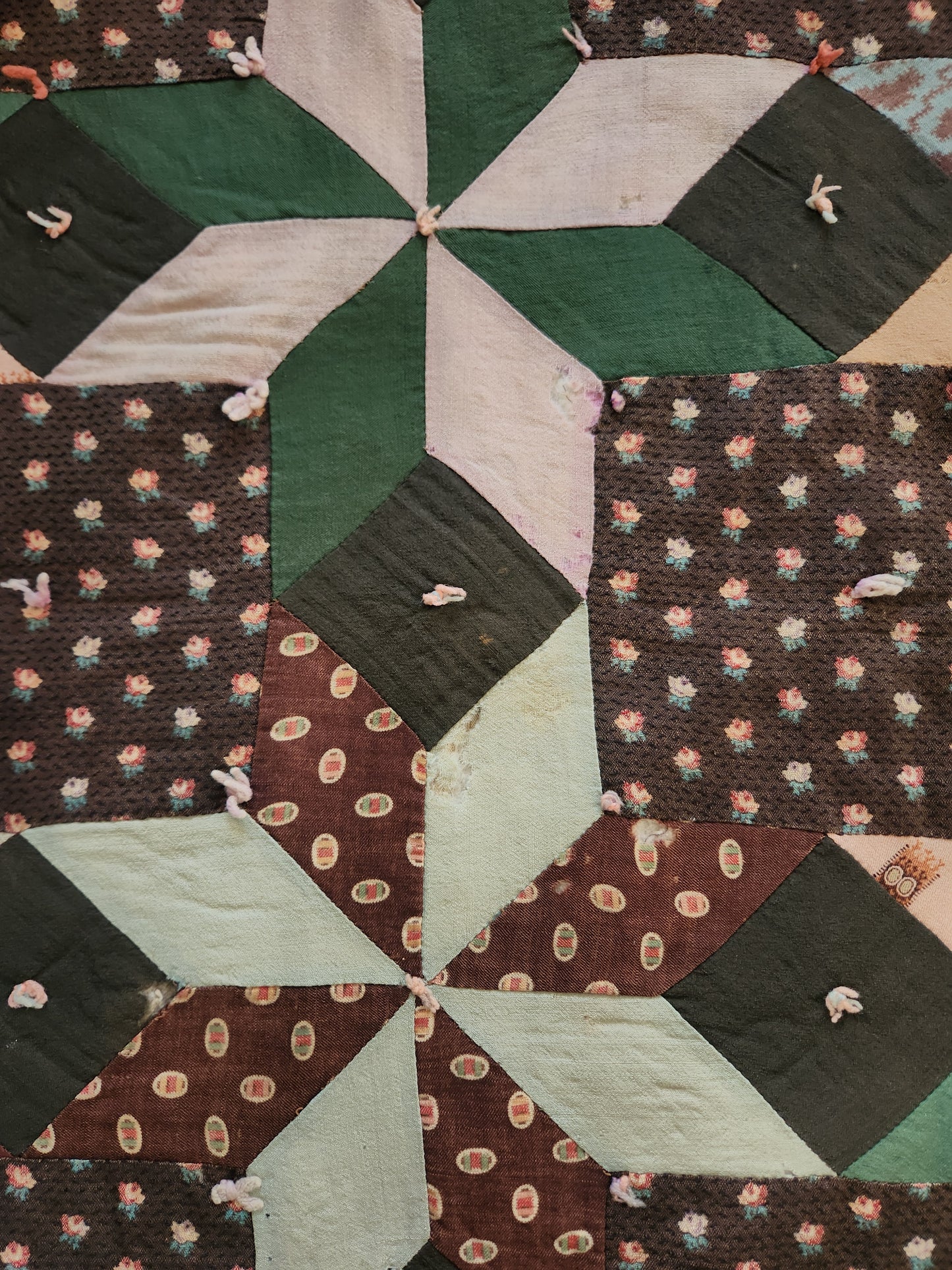 Antique 19th Century Woolen Crib Quilt Hand Tied Touching Stars