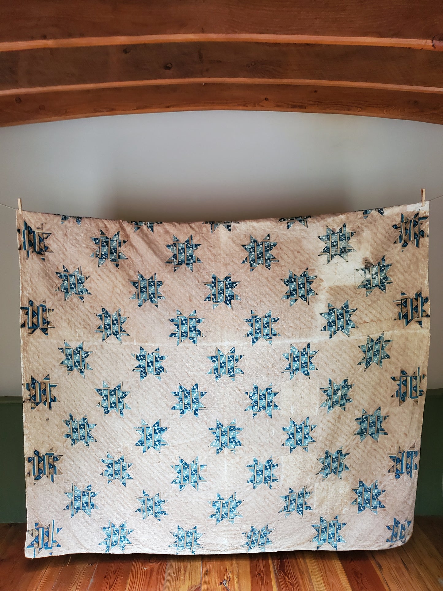 Prussian Blue Evening Star Antique Quilt, ca 1850