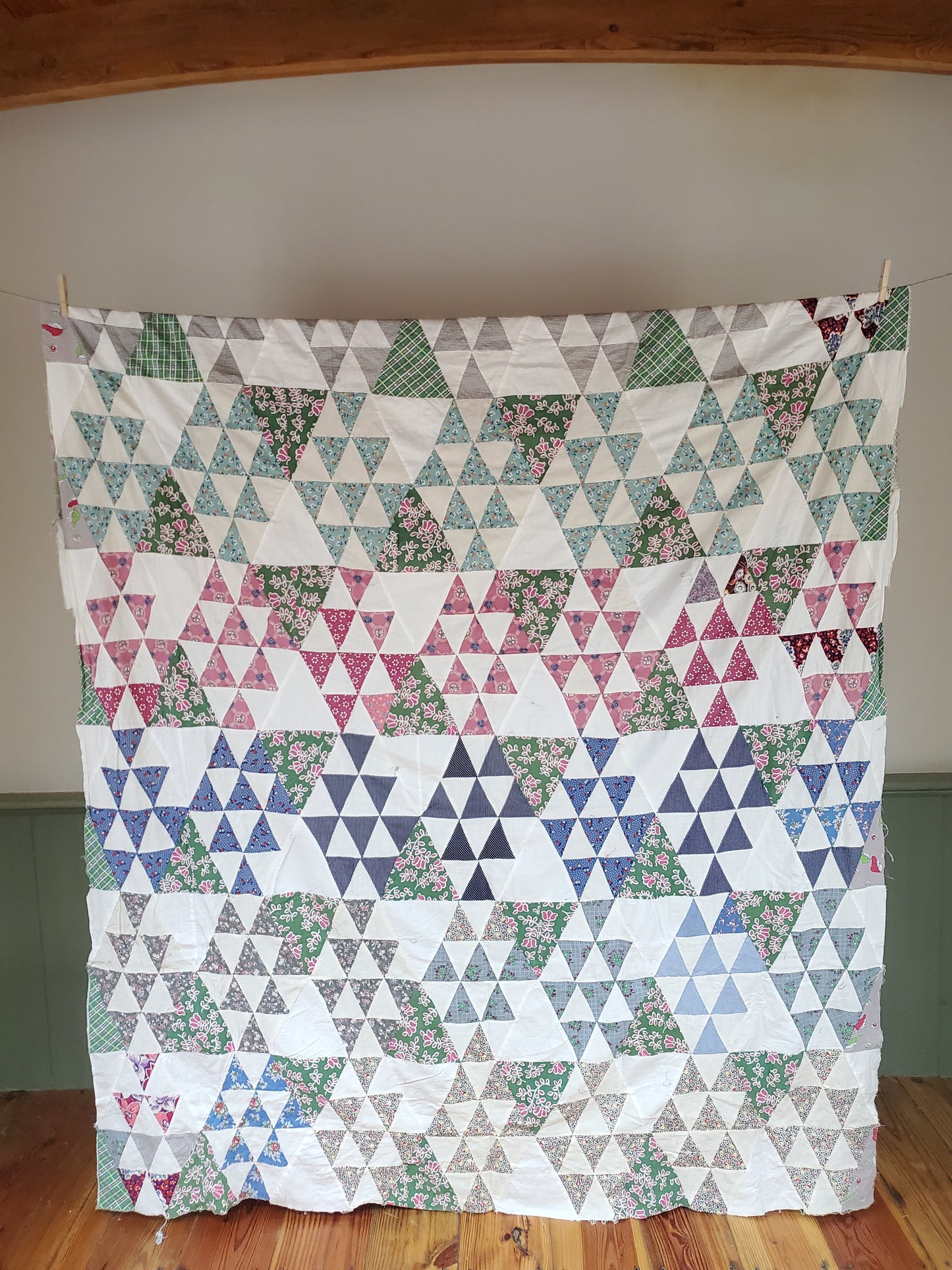 Vintage Half Triangle Feed Sack Quilt Top, ca 1950