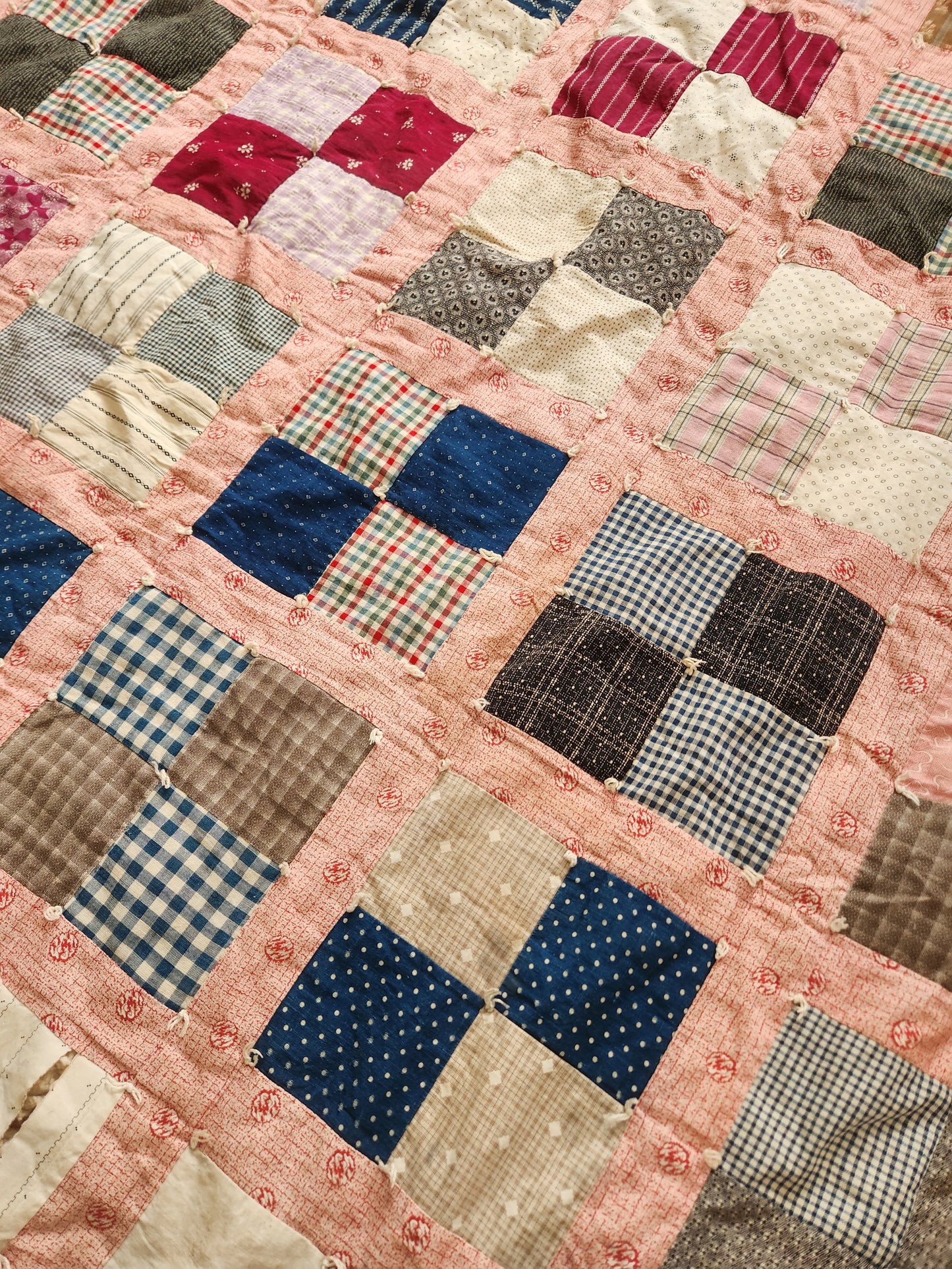 Vintage Four Patch Hand Tied Comforter Quilt c1930