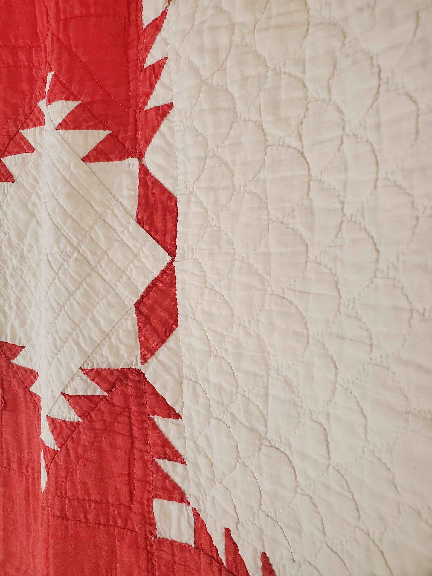 Turkey Red & White Feathered Star Antique Quilt, ca 1900