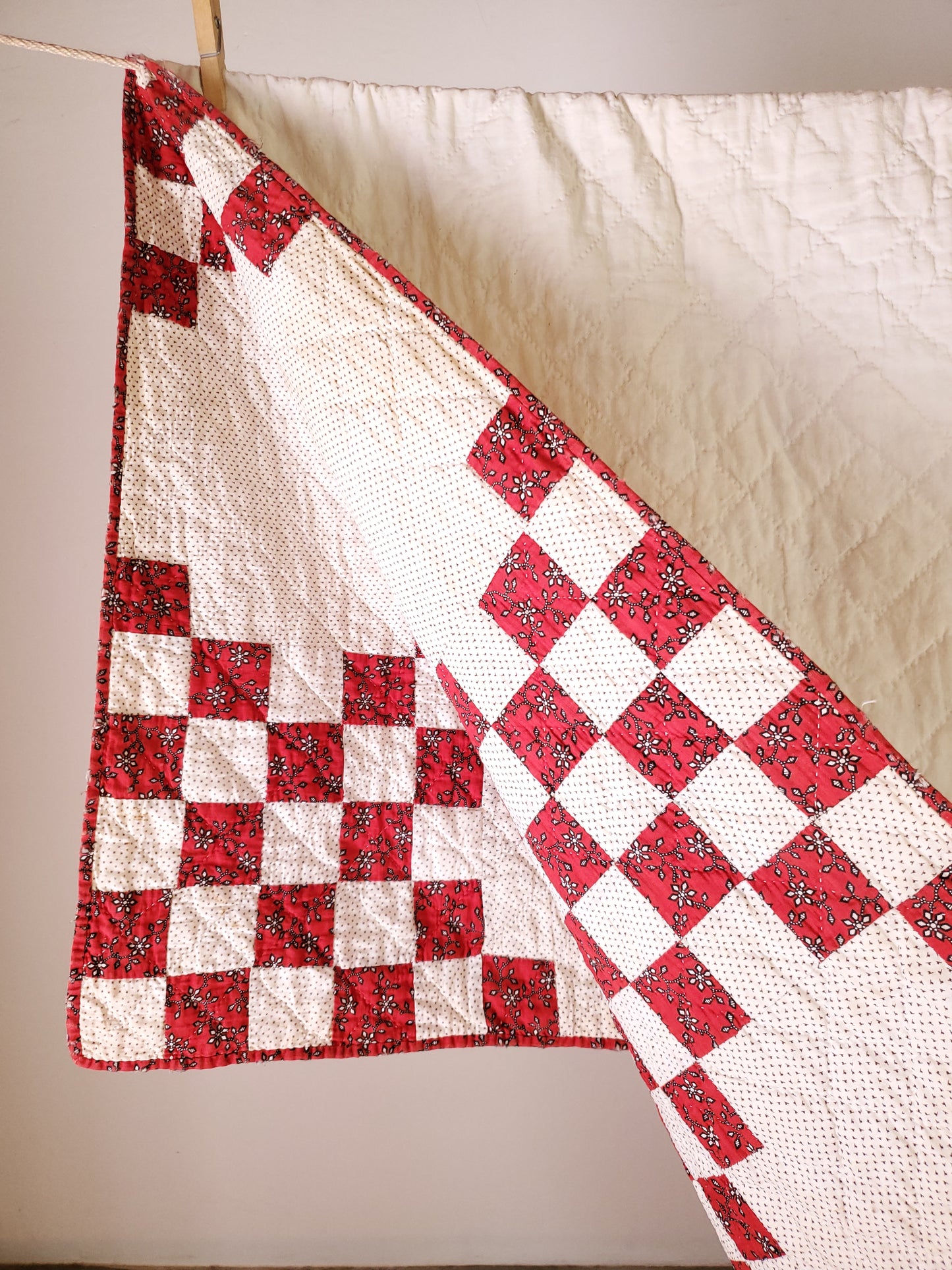 Antique Red and White Double Irish Chain Quilt, ca 1900