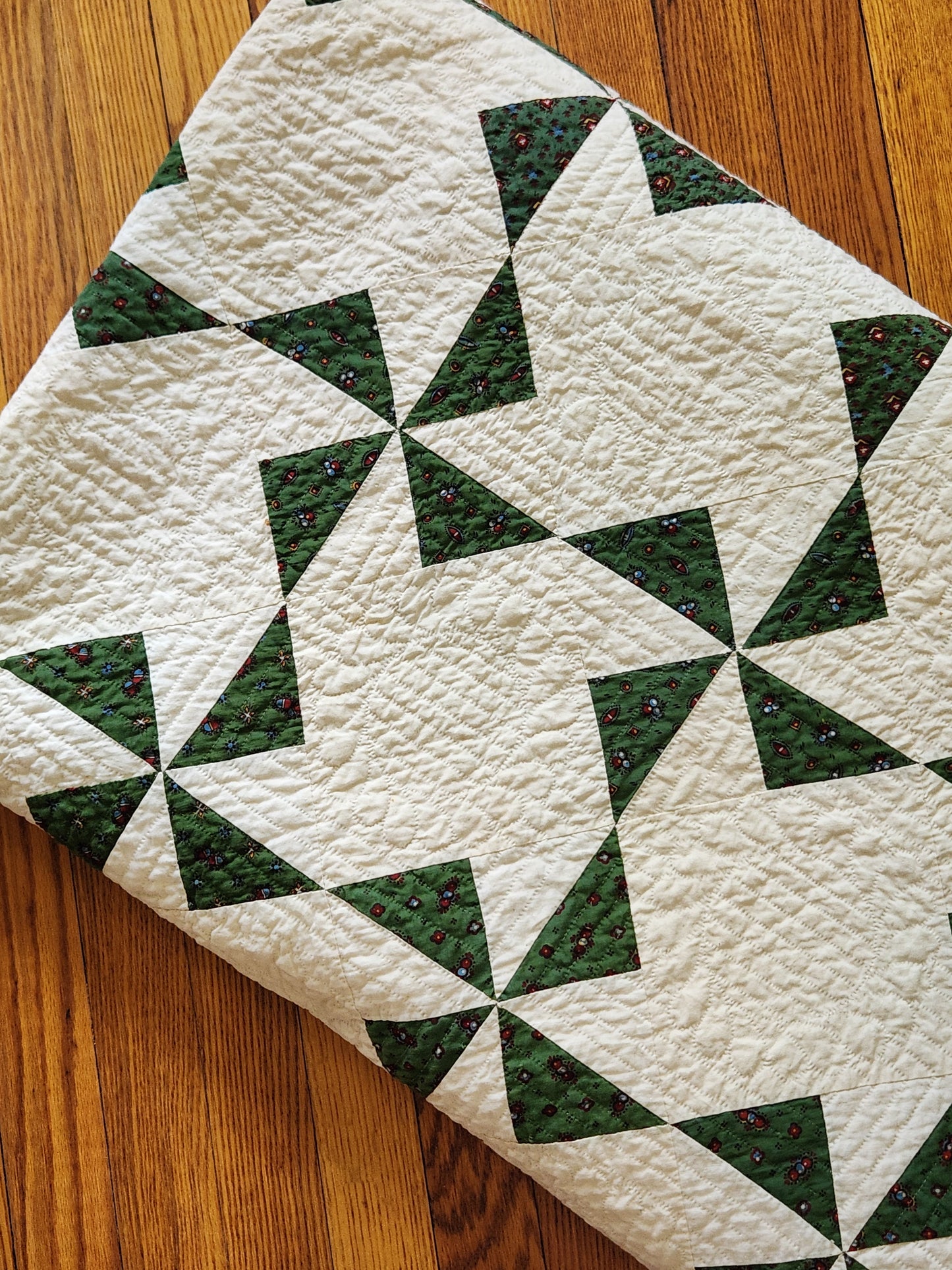 Antique Green & White Pinwheel Quilt c1840