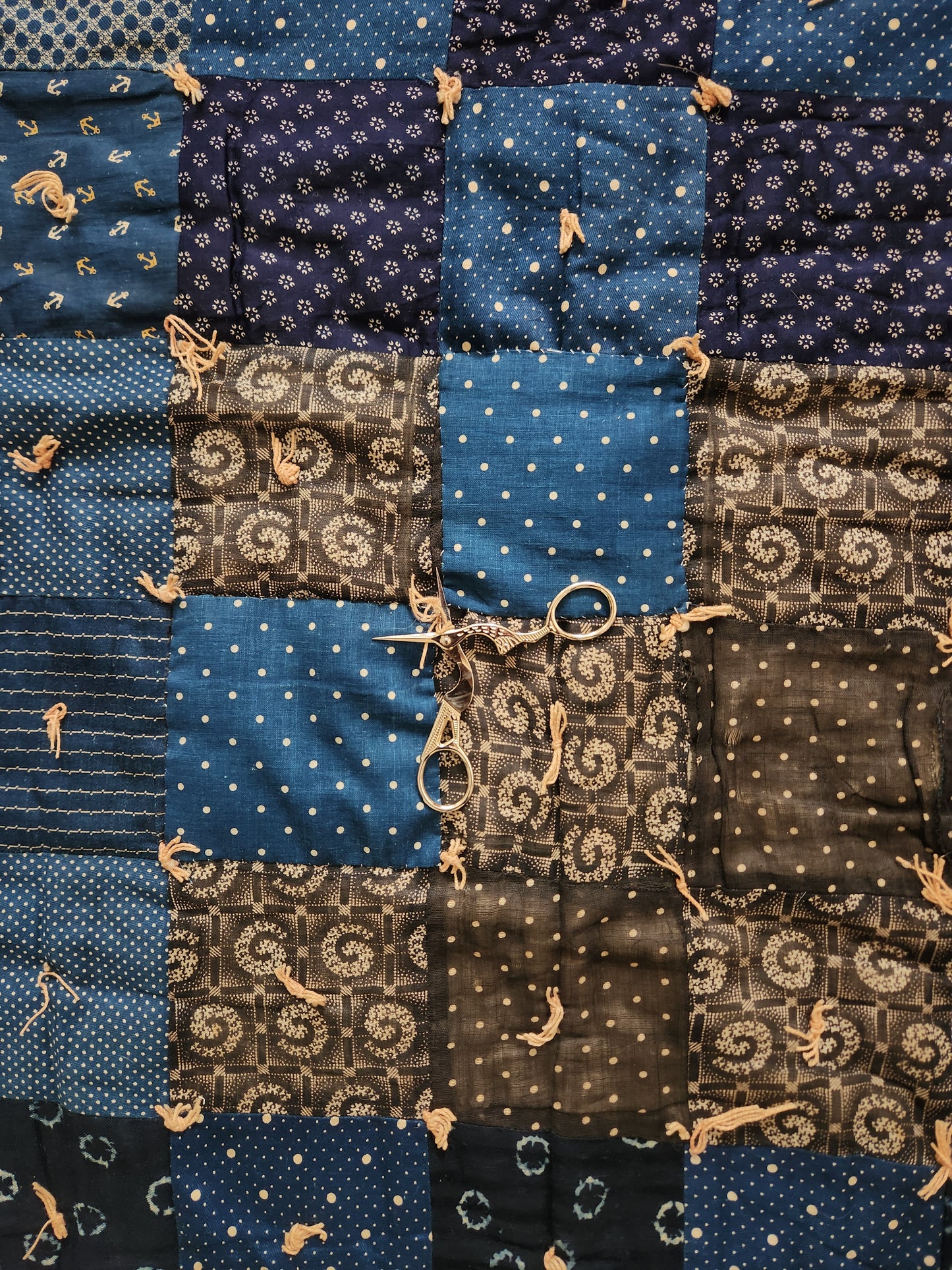 Antique Hand Tied Indigo Blue Patchwork Comforter Quilt