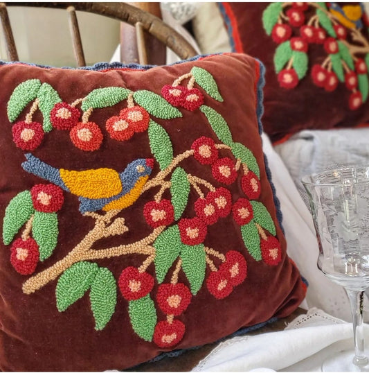 "Bird in a Cherry Tree" Vintage Hand Hooked Velvet Pillows, Set of 2