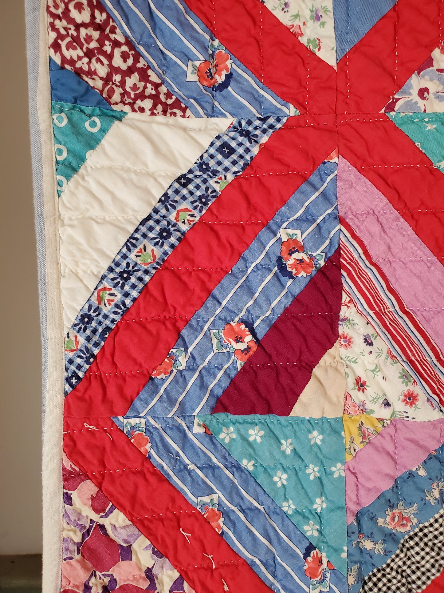 Vintage String Quilt with Feed Sack Cloth, ca 1950