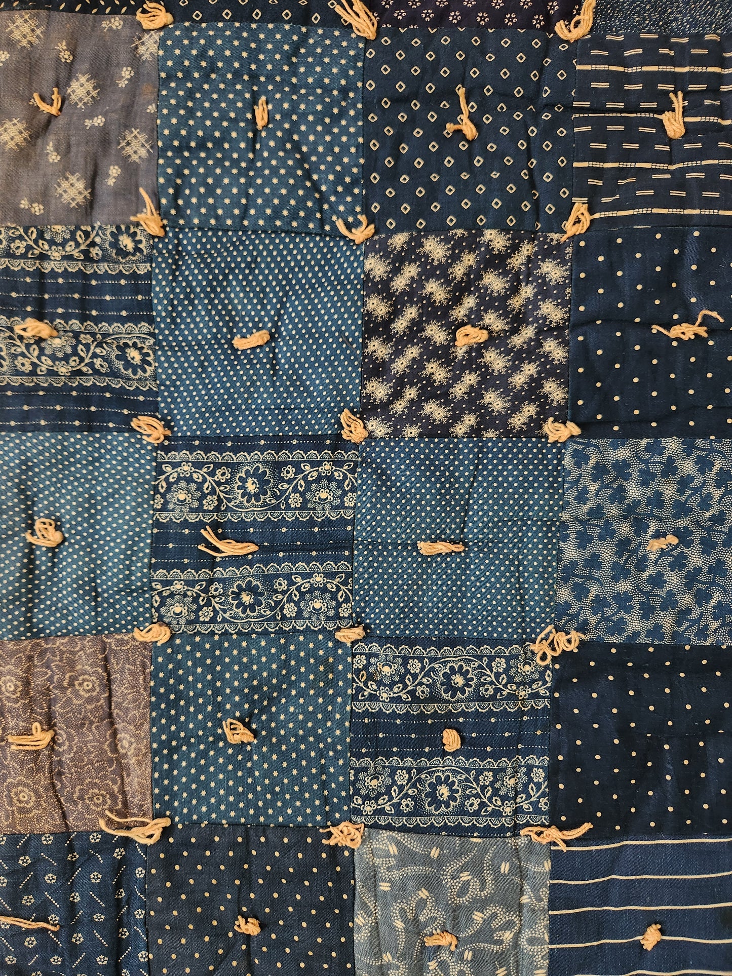 Antique Hand Tied Indigo Blue Patchwork Comforter Quilt