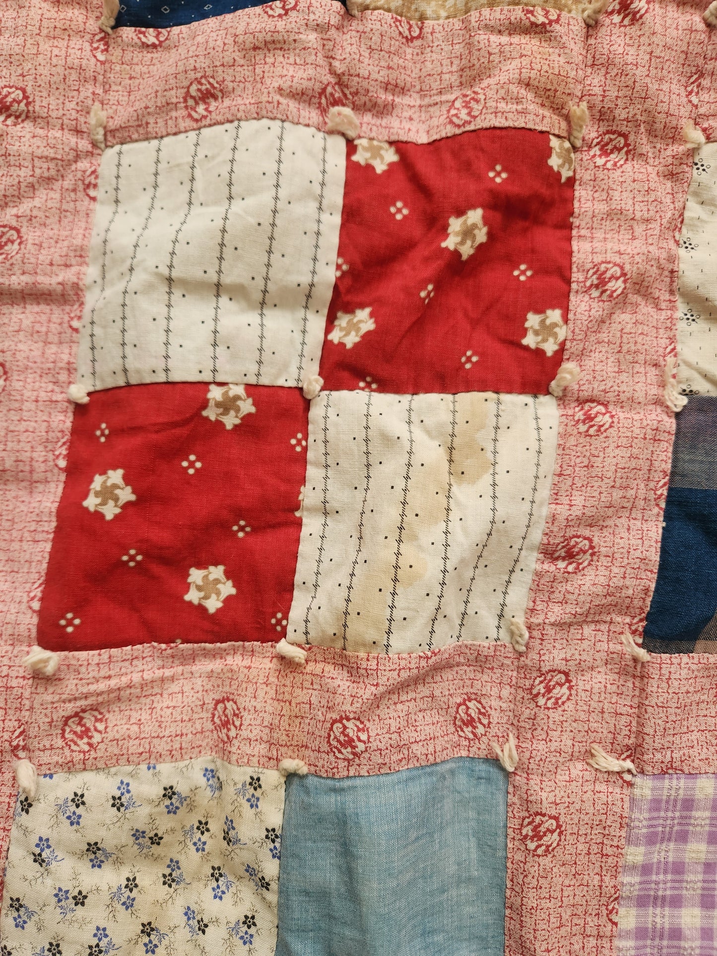 Vintage Four Patch Hand Tied Comforter Quilt c1930