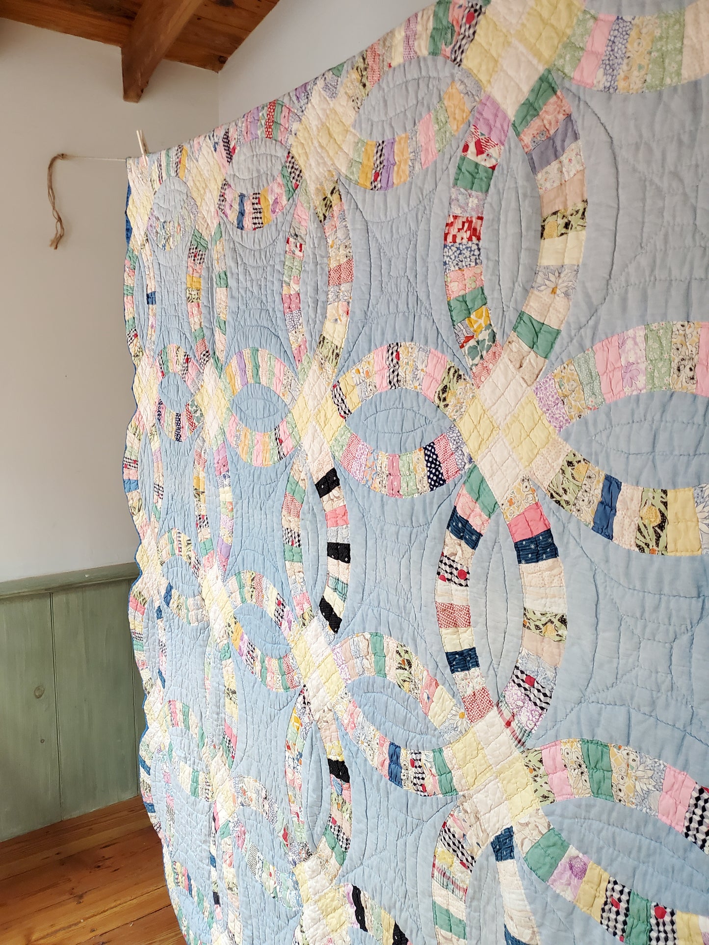 Vintage Blue and Feed Sack Wedding Rings Quilt, ca 1930