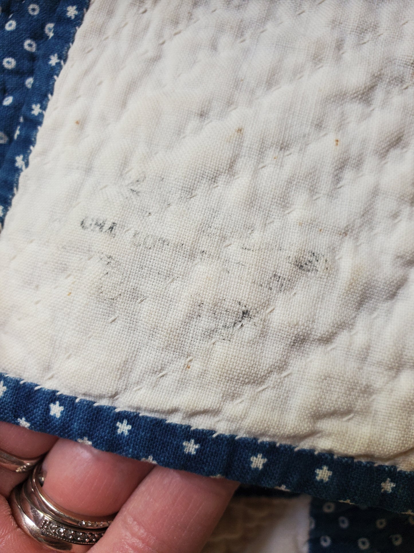 Gorgeous 19th Century Indigo & Pink Antique Quilt, Stamped Inscription