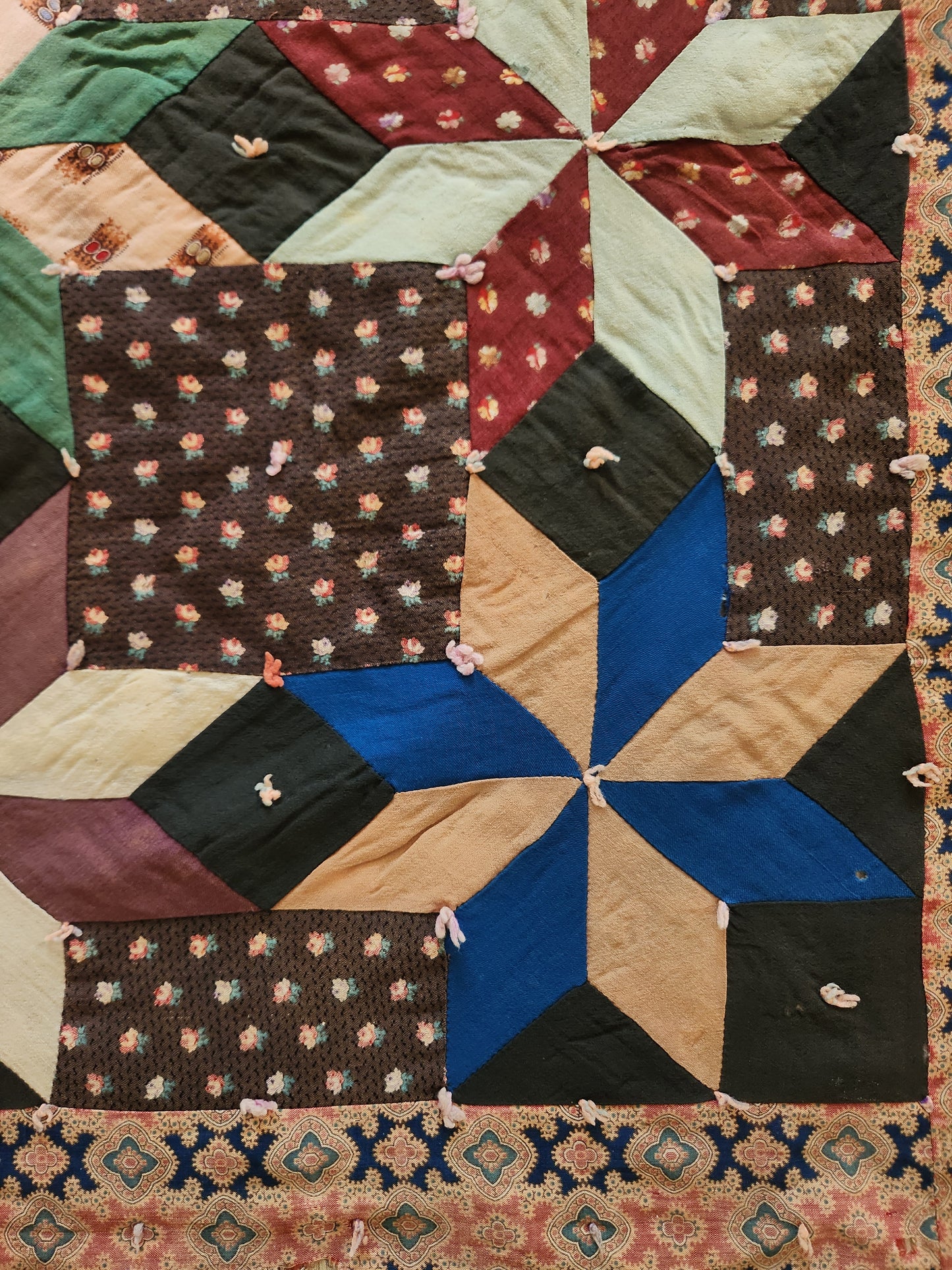 Antique 19th Century Woolen Crib Quilt Hand Tied Touching Stars