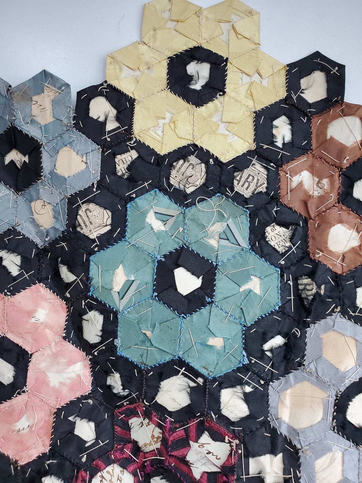 Small Section of Paper-pieced Silk Hexagon Flower Quilt with Antique Letters