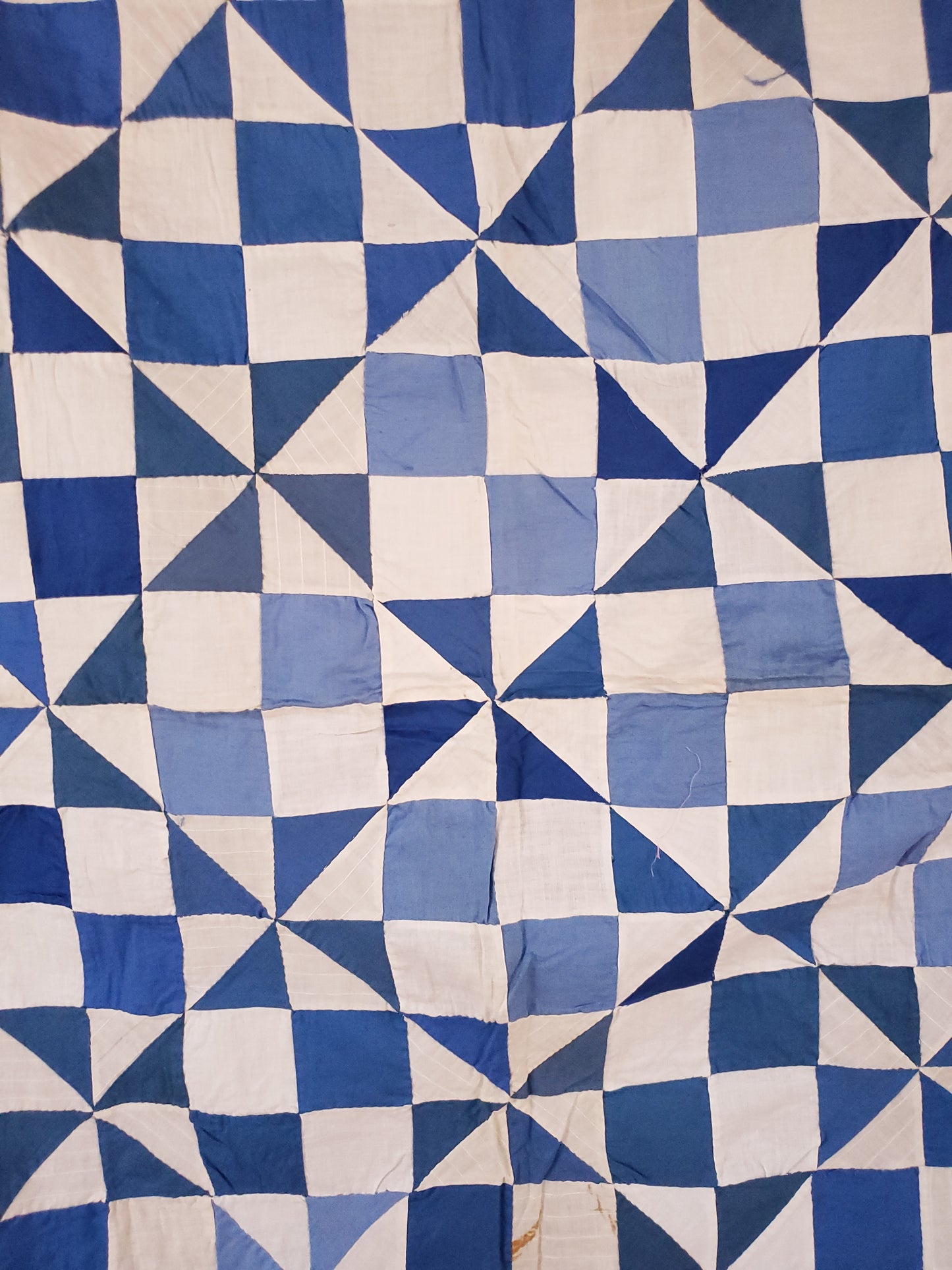 Vintage Blue & White Patchwork Pinwheel Quilt Top, ca 1930