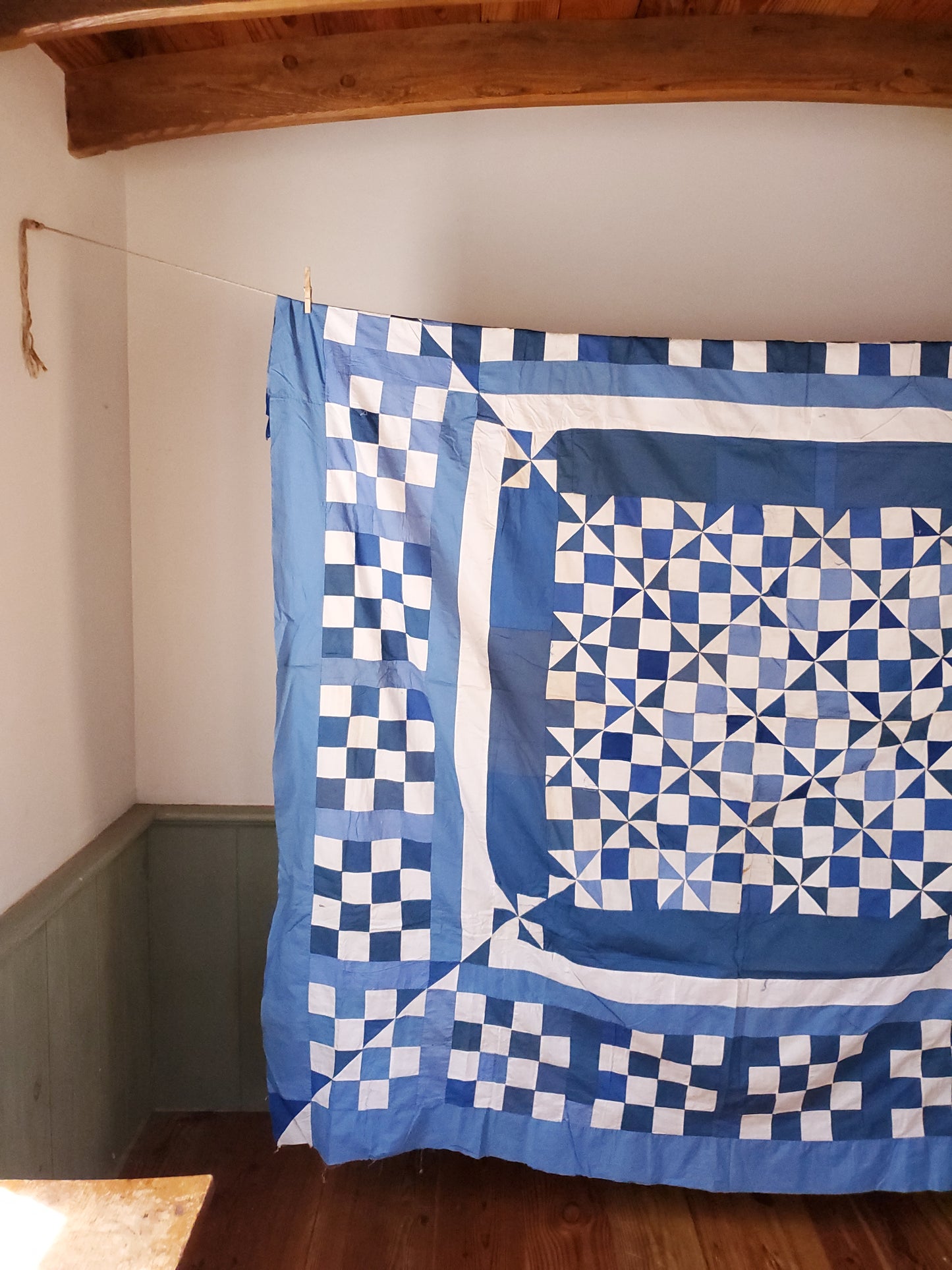 Vintage Blue & White Patchwork Pinwheel Quilt Top, ca 1930