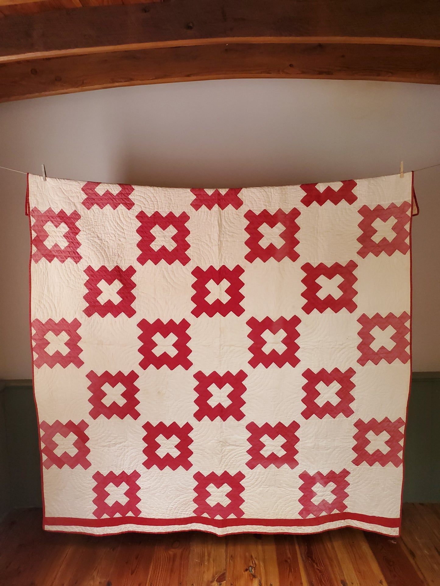 Antique Red & White Chimney Sweep Quilt, ca 1890