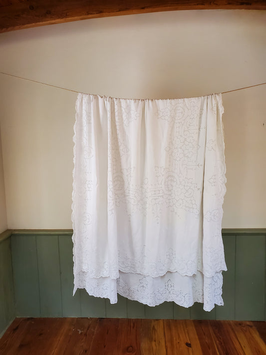 Heirloom Handmade Cutwork White Linen Tablecloth