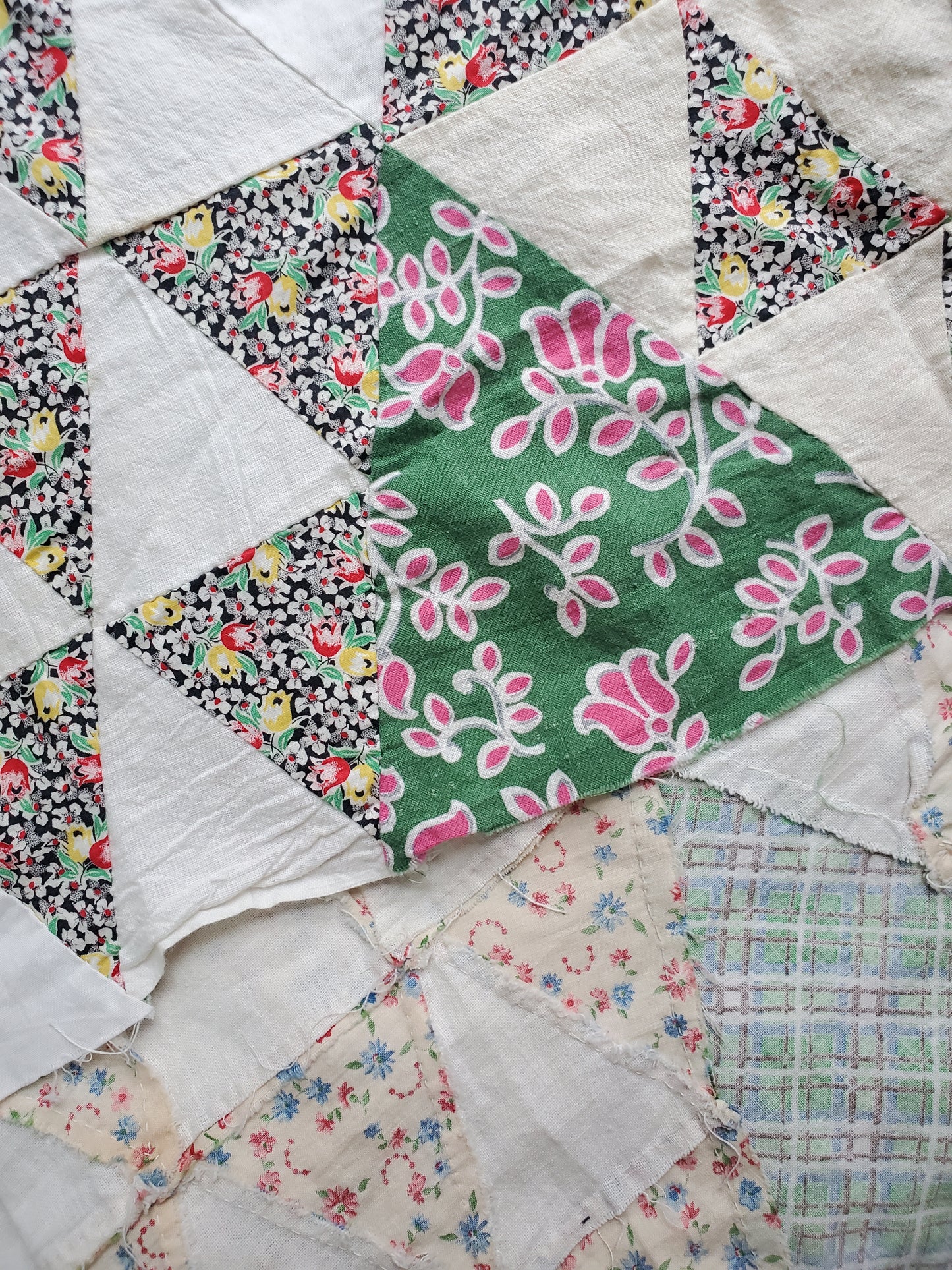 Vintage Half Triangle Feed Sack Quilt Top, ca 1950