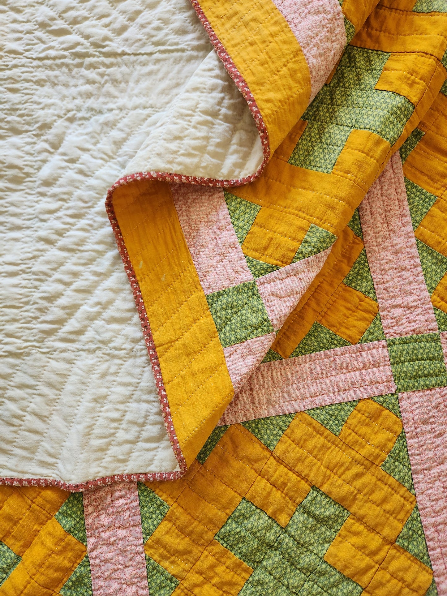 19th Century Pink, Chrome Orange, & Green Chimney Sweep Quilt