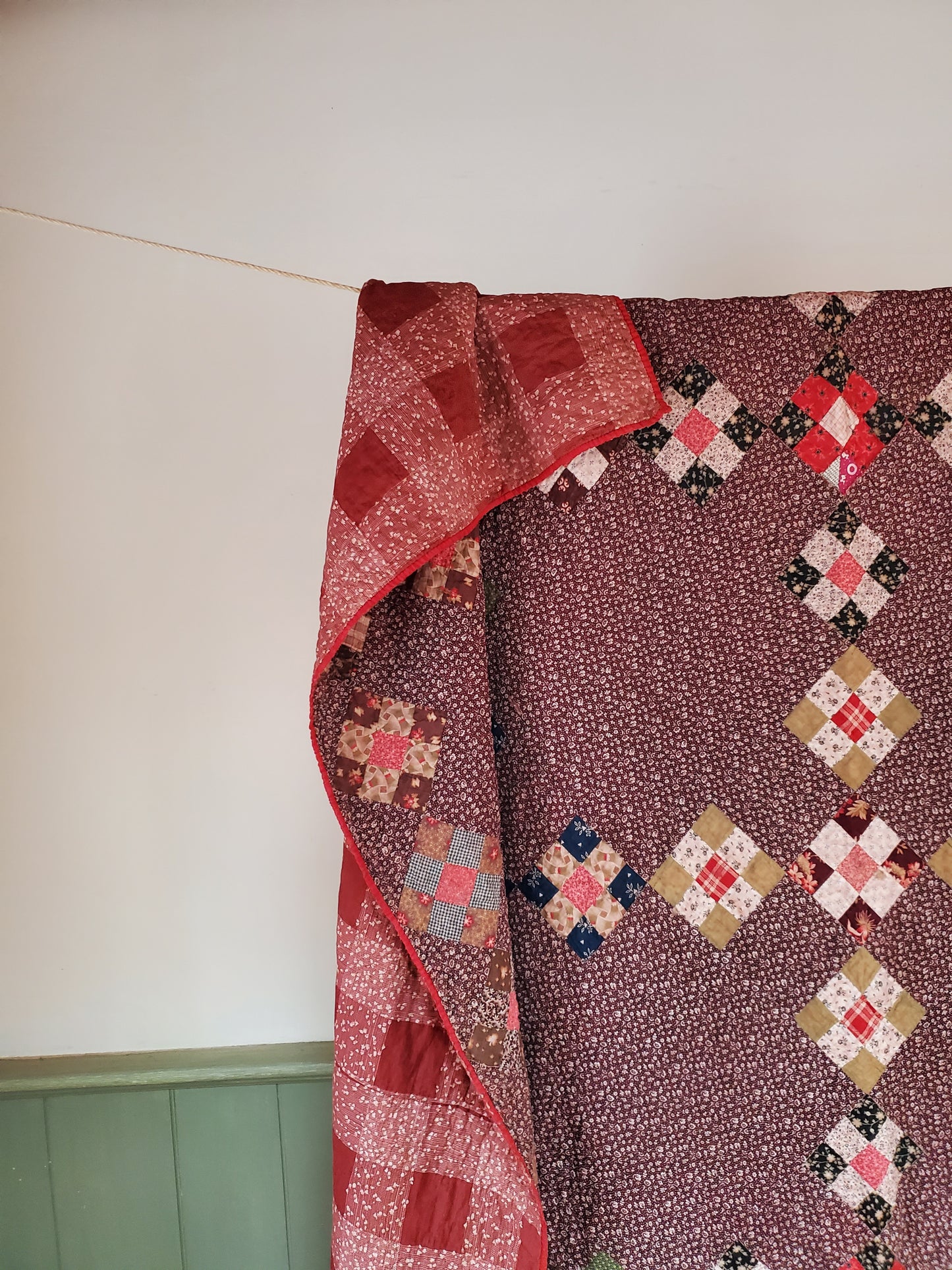 Antique Brown Calico 9 Patch Quilt, ca 1890