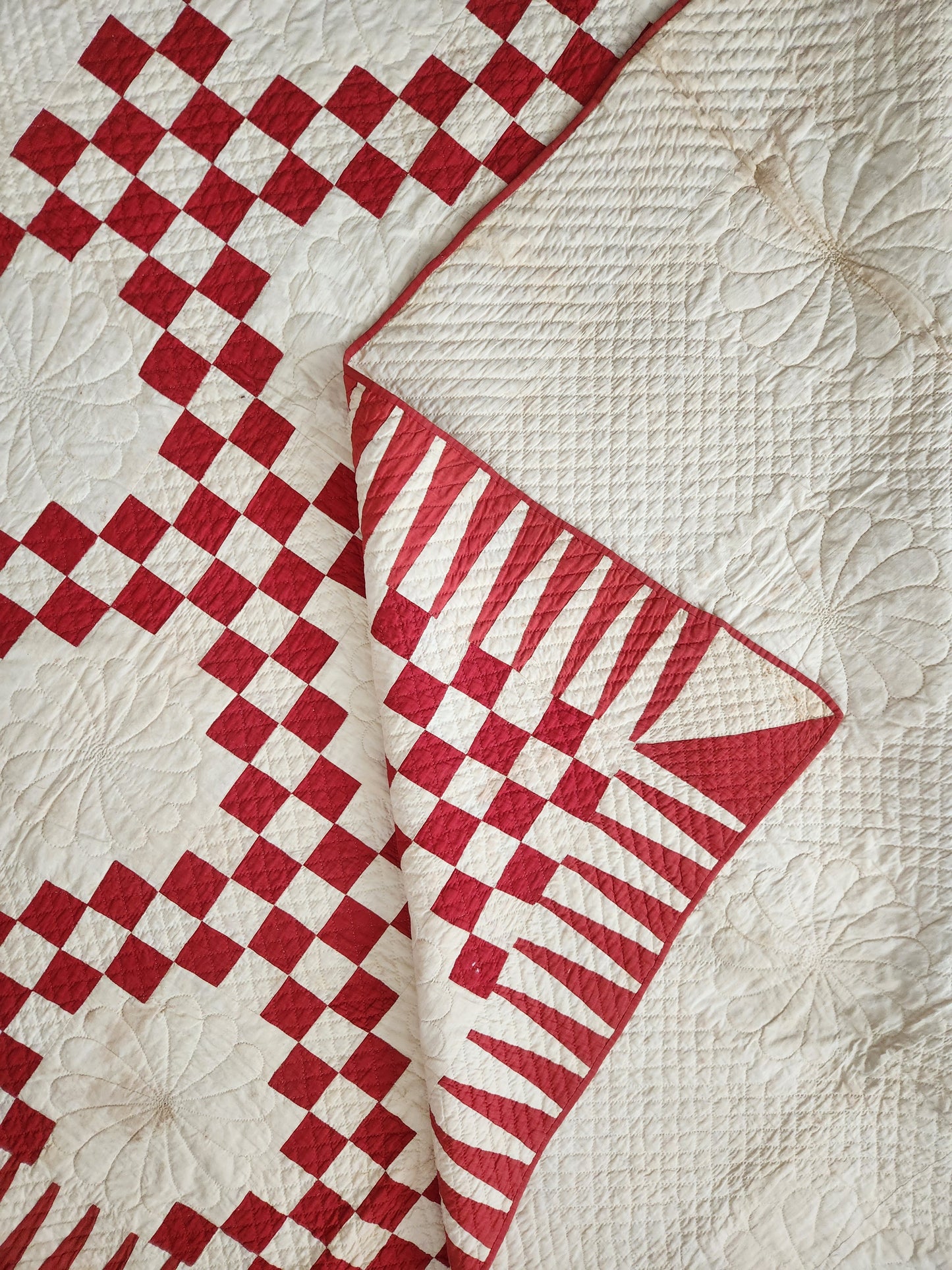 Red & White Antique Double Irish Chain Quilt c1900
