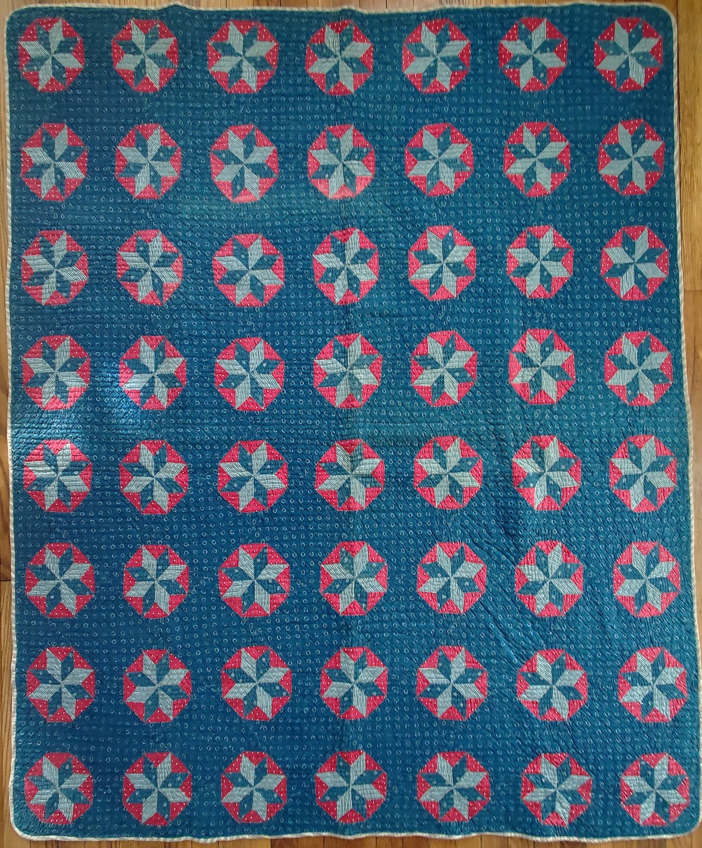 Stunning Red White & Blue Antique Star Quilt, ca 1900