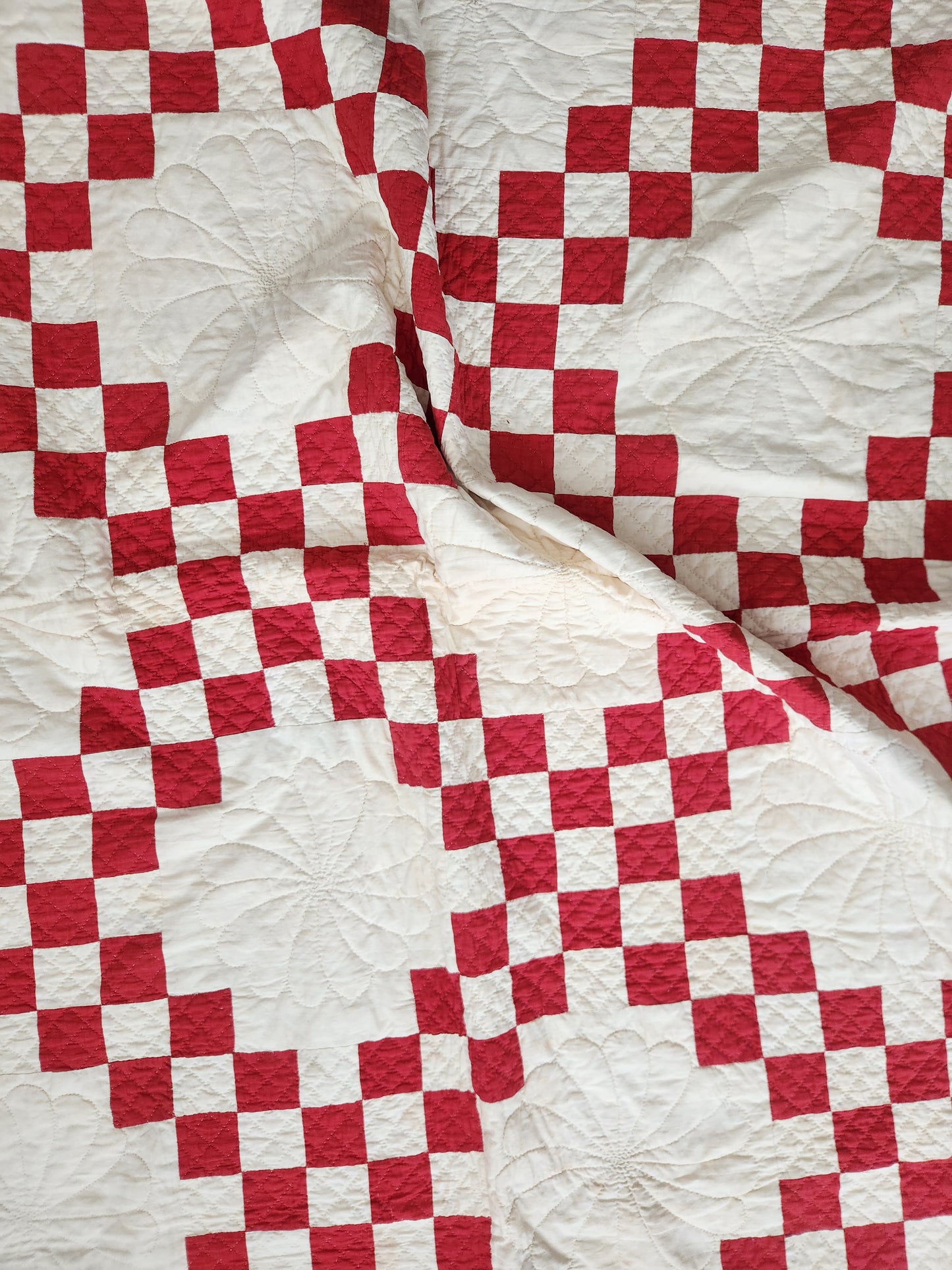 Red & White Antique Double Irish Chain Quilt c1900