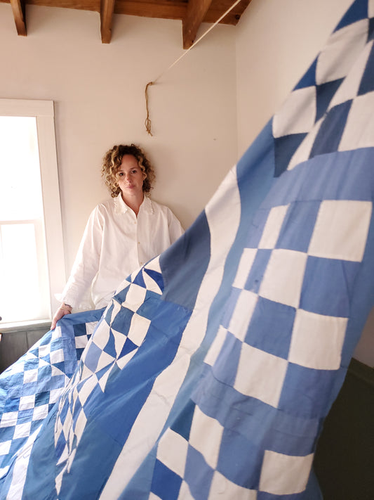 Vintage Blue & White Patchwork Pinwheel Quilt Top, ca 1930