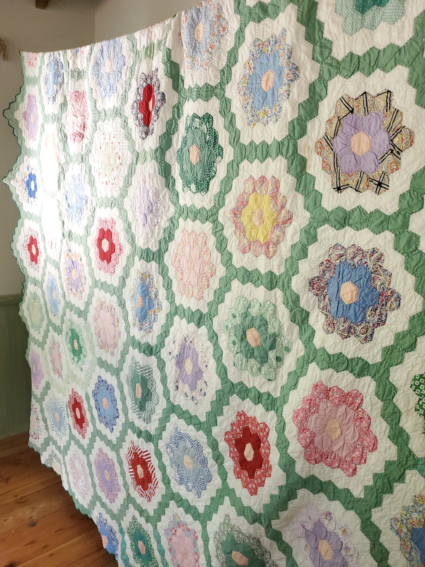 Green Garden Path Feed Sack Quilt, ca 1930