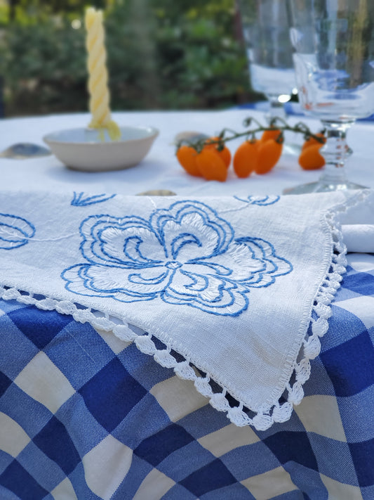 Blue Embroidered Linen Tablecloth