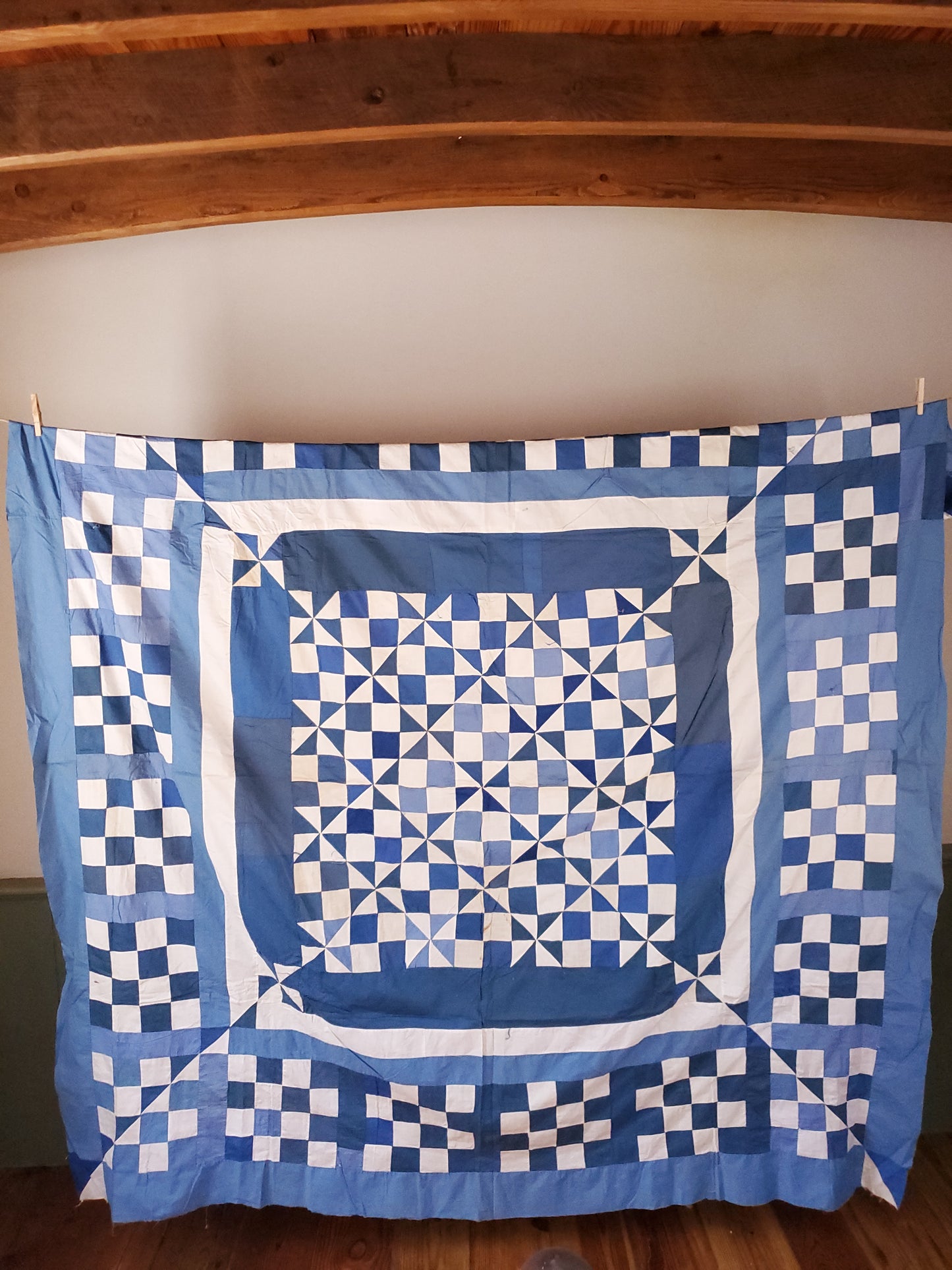 Vintage Blue & White Patchwork Pinwheel Quilt Top, ca 1930