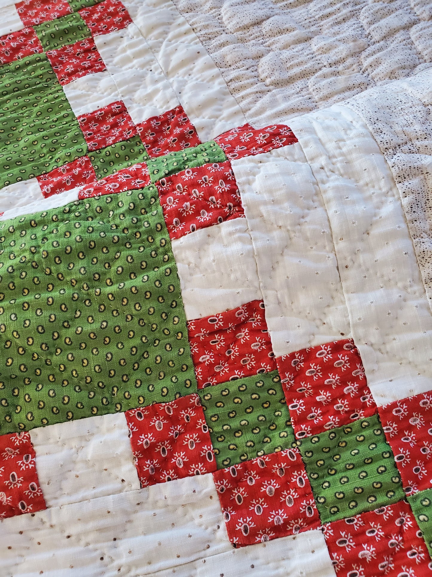 19th Century Red & Green Irish Chain Hand Pieced and Hand Quilted Antique Quilt