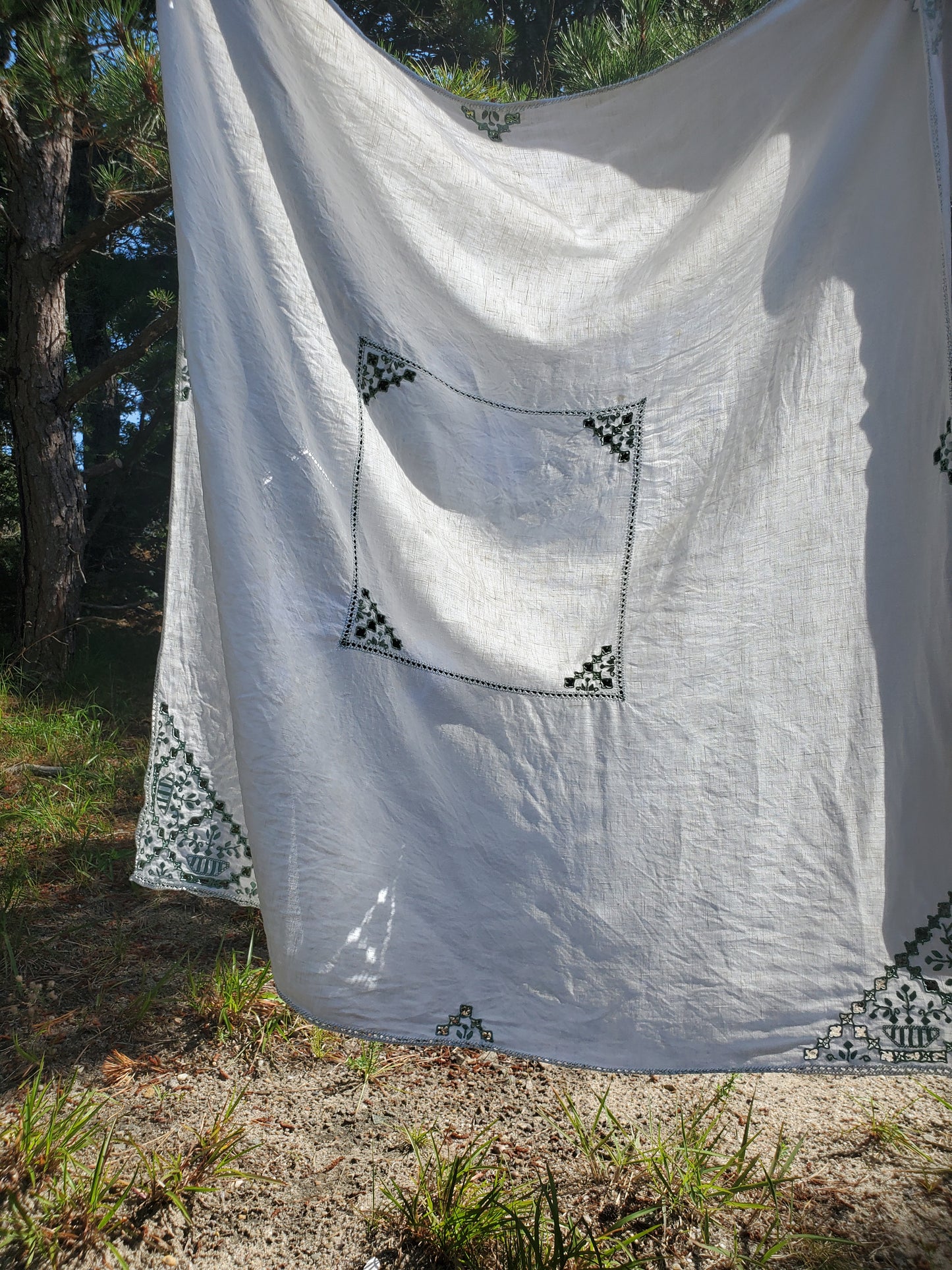 Green Embroidered Vintage Linen Tablecloth